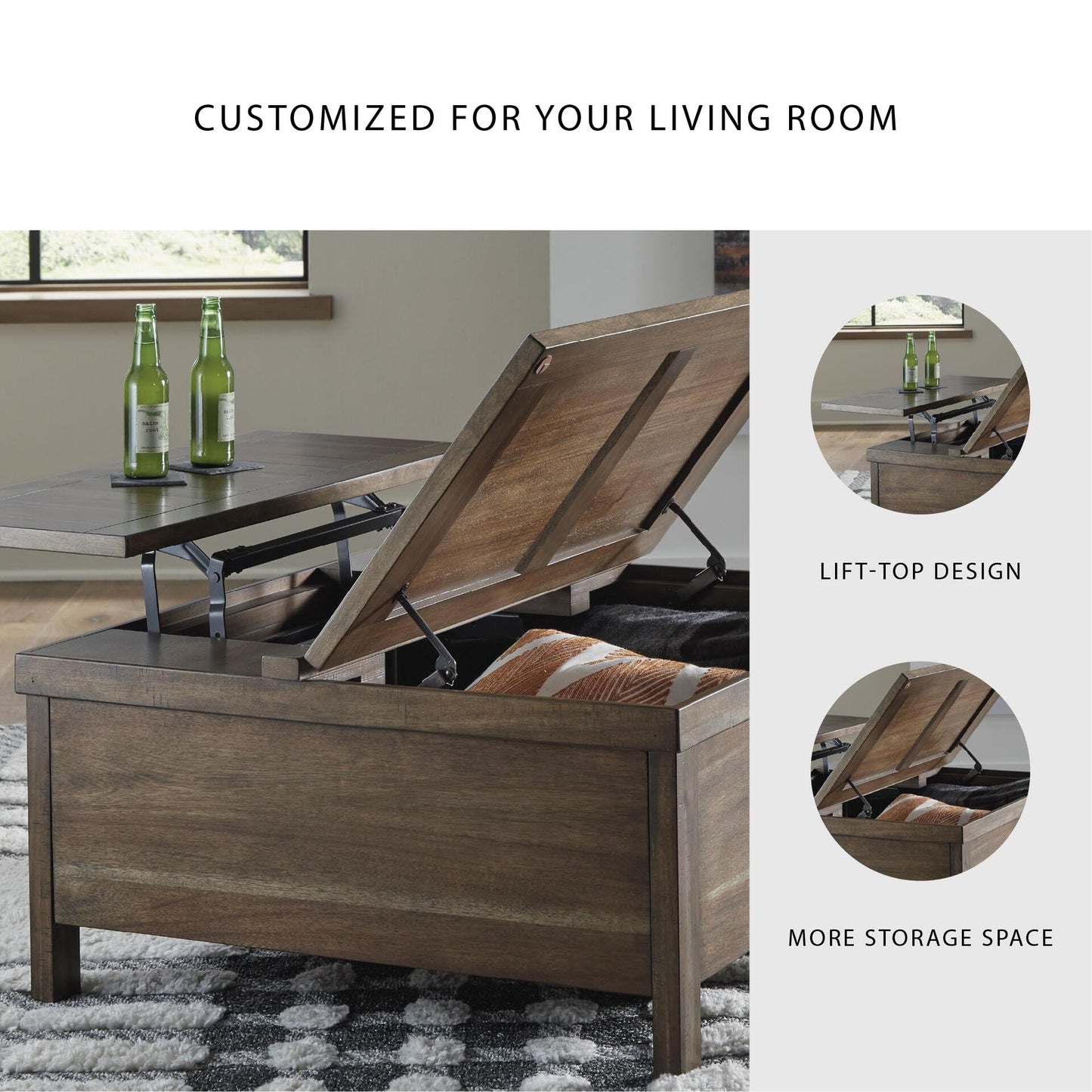 Signature Design by Ashley Moriville Rustic Hinged and Lift Top Cocktail Table with Hidden Storage, Light Brown