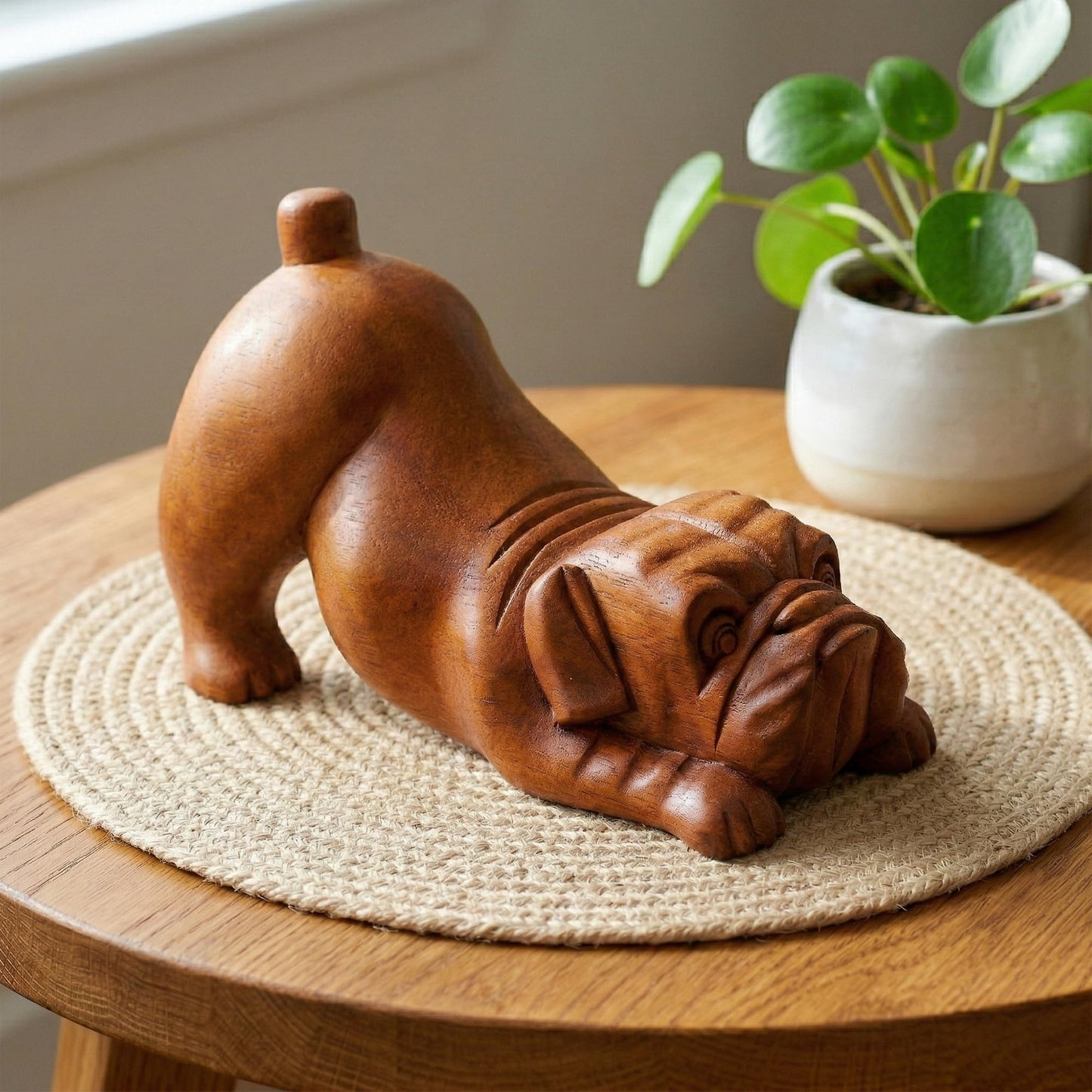 G6 Collection Wooden Hand Carved Crouching English Bulldog Statue Figurine Sculpture Art Decorative Rustic Home Decor Accent Handmade Handcrafted Wood Decoration Gift Dog Artwork,