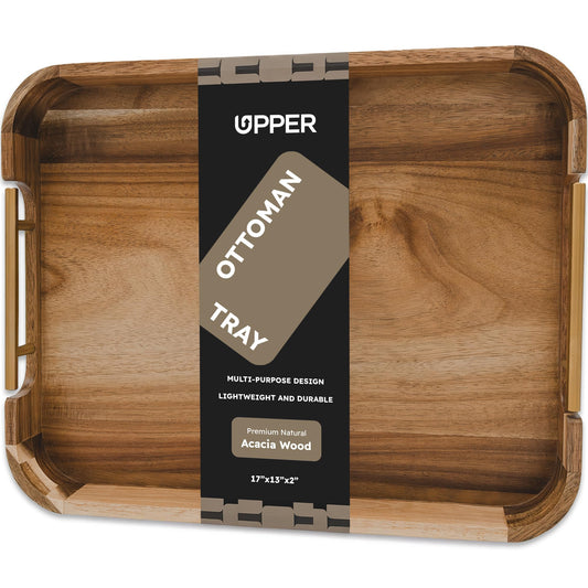 Upper Acacia Wood Ottoman Tray 17x13 Inches with Handles, Decorative Serving Tray for Coffee Table, Breakfast Tray with Anti-Skid Pads