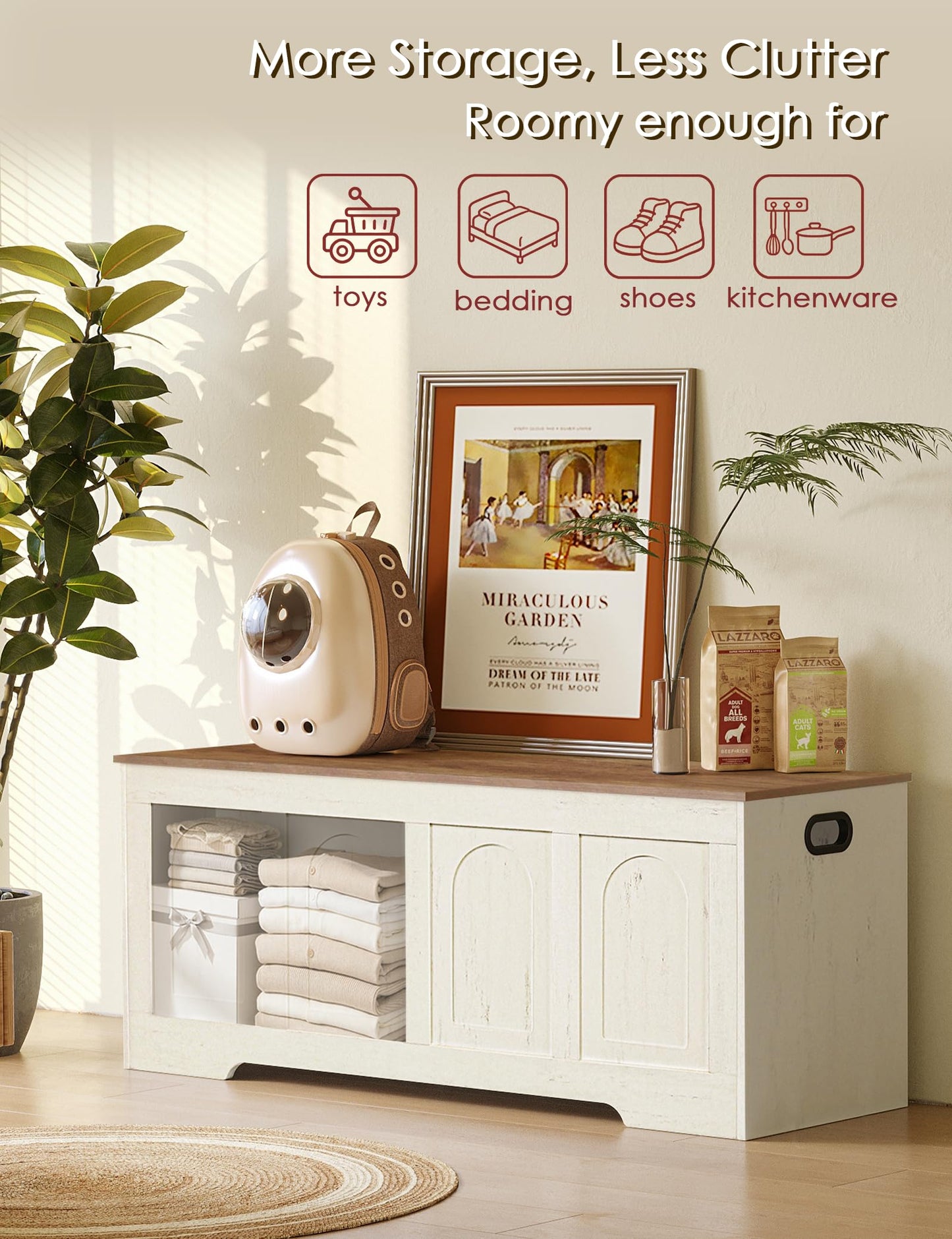 DINZI LVJ Storage Chest, 50” Extra Large Storage Bench with 2 Safety Hinges, Farmhouse Wooden Toy Box with Flip-Top, Large Trunk for Living Room, Playroom, Easy Assembly, Honey Brown and Rustic White