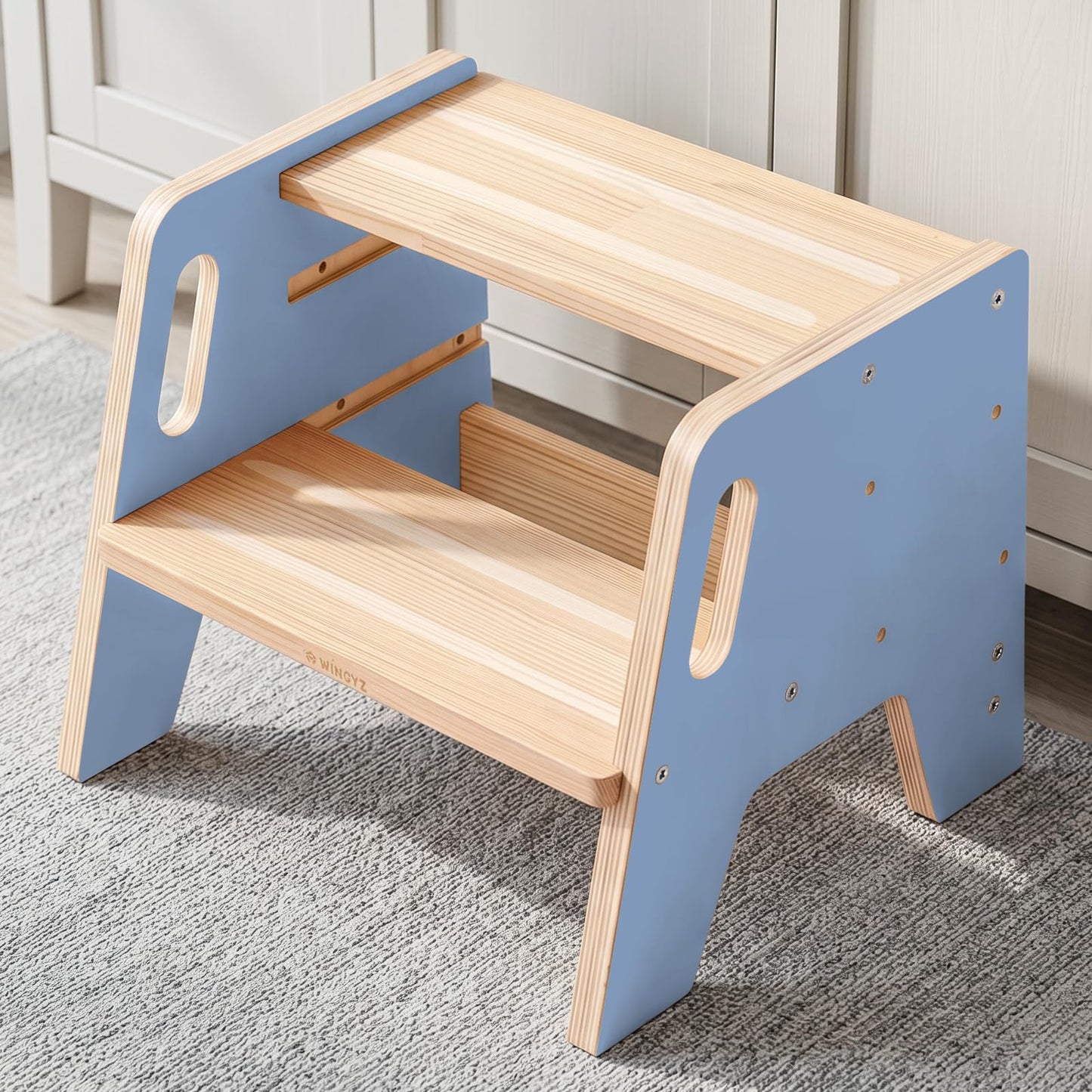 WINGYZ Toddler Step Stool, 3-Height Adjustable Wooden Stool for Kids, FSC & ASTM Birch Marine Plywood, 200lb Capacity, Bathroom Sink Independence, Kitchen Potty Training, Light Blue