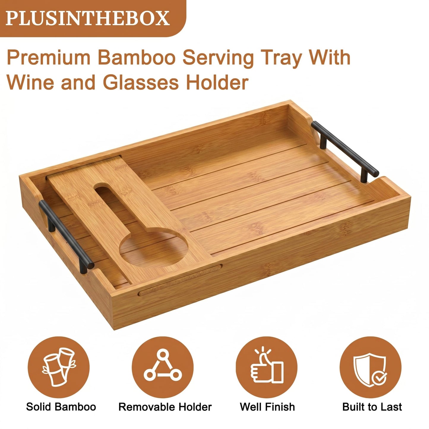 Bamboo Serving Tray with Wine Glass Holder, Couch Snack Tray with Handles for Wine, Cheese and Fruit, Movie Night Tray for Sofa, Coffee Table, Wedding and Housewarming Gift
