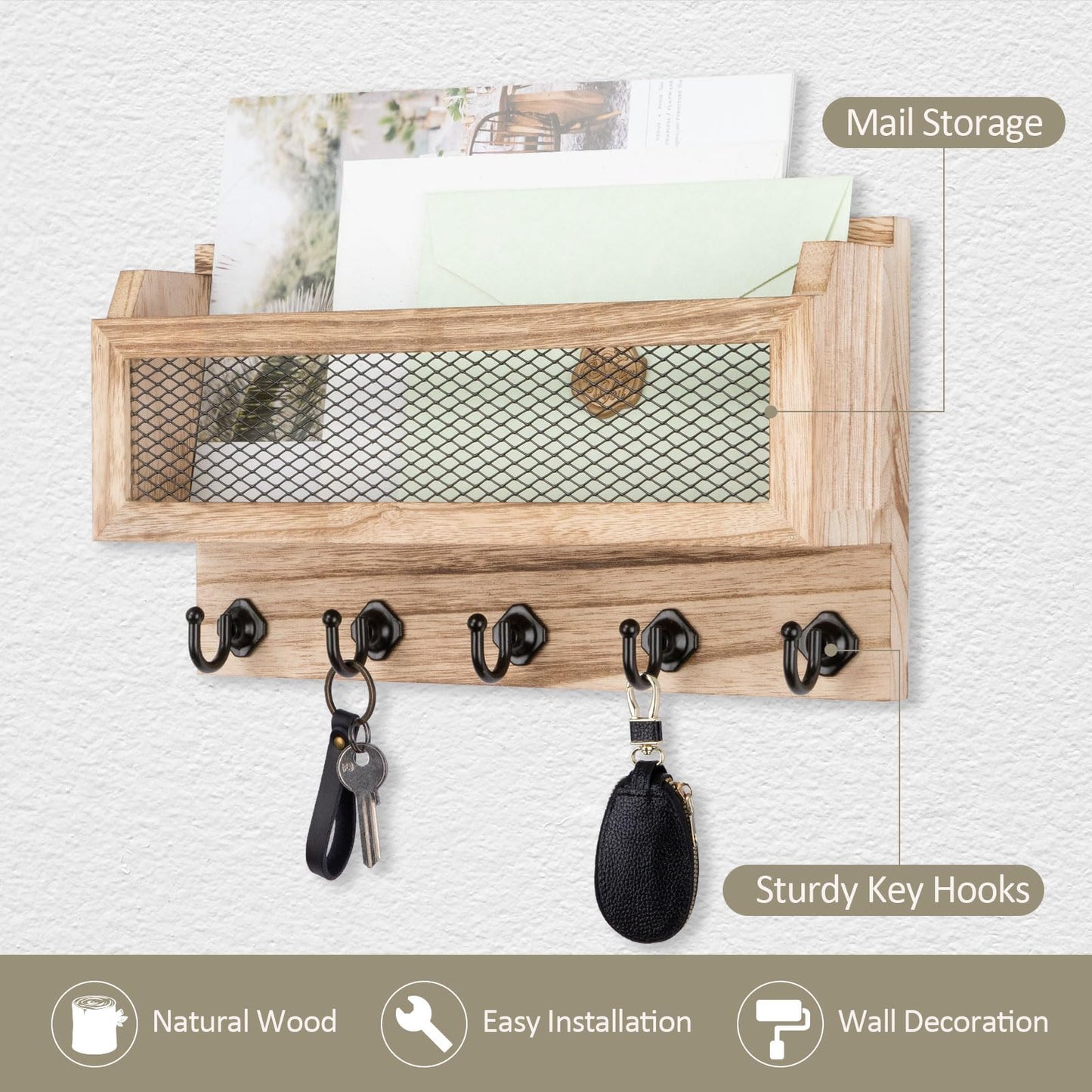 Nekon Mail and Key Holder for Wall Decorative, 11 Inch Wooden Wall Key Organizer with 5 Key Hooks, Wall Mount Storage Shelf for Entryway Hallway (Wood)