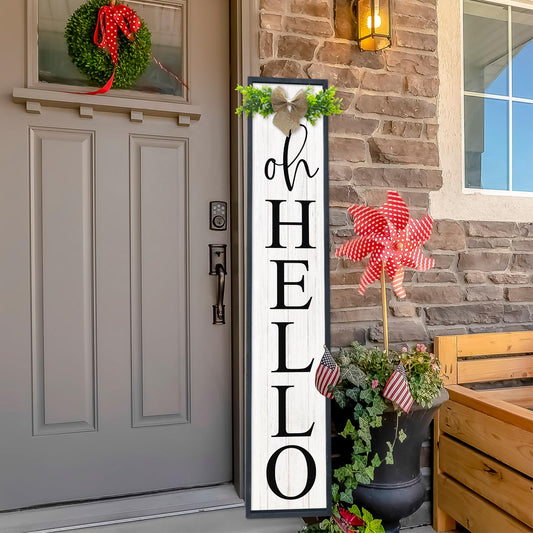 Aurapeak Oh Hello Porch Welcome Sign for Front Door Decor Outdoor Vertical Standing Tall Wooden Framed Front Porch Outside Modern Home Rustic Farmhouse Yard Decoration (45"X9" Black)