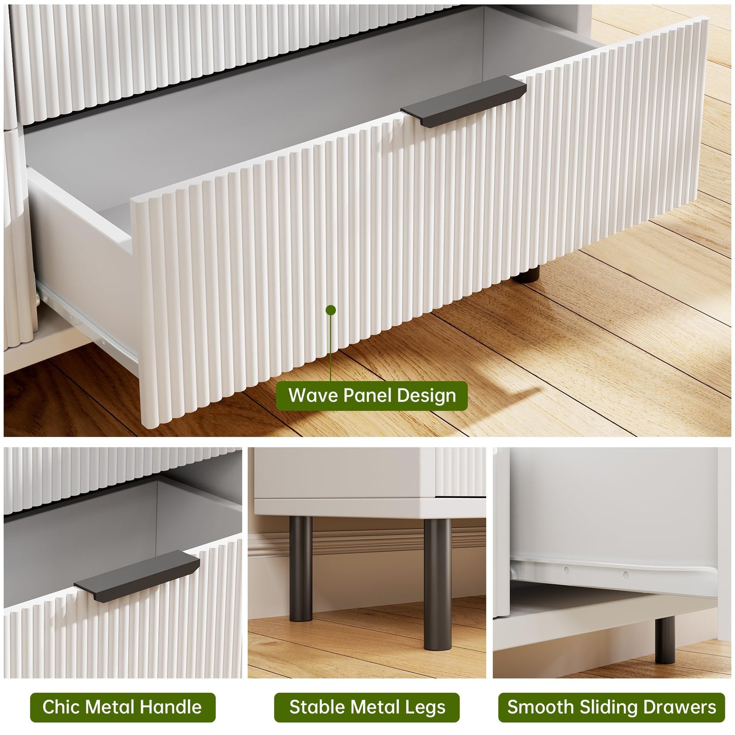 GarveeHome White Wave Fluted 5 Drawer Dresser for Bedroom, Modern Wood Chest of Drawers with Wide Drawers, Closet Dresser Organizer with Anti-Tipping Device and Metal Legs for Hallway Entryway