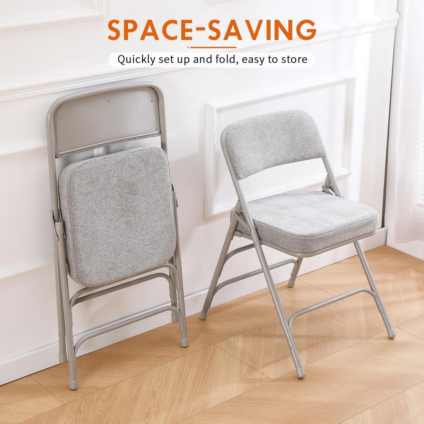 TAO ONE Padded Folding Chairs - Comfortable Folding Chair with Cushion - Heavy Duty Metal Folding Chair Upholstered Fabric Padded Seat - Cushioned Folding Chairs for Indoor Office Vanity -Grey