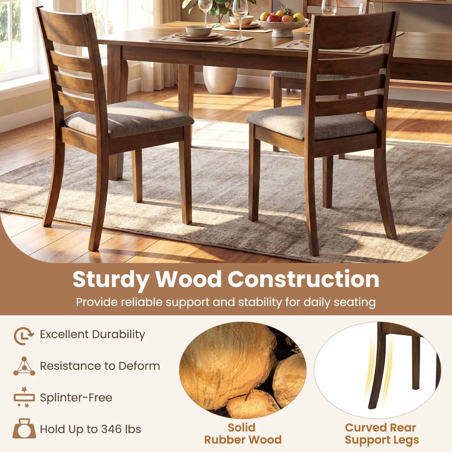 Giantex Wooden Dining Chairs Set of 2, Upholstered Kitchen Chair w/Rubber Wood Frame, Curved Slatted Backrest & Wide Padded Seat, Modern Dining Room Chairs for Living Room, Restaurant, Brown