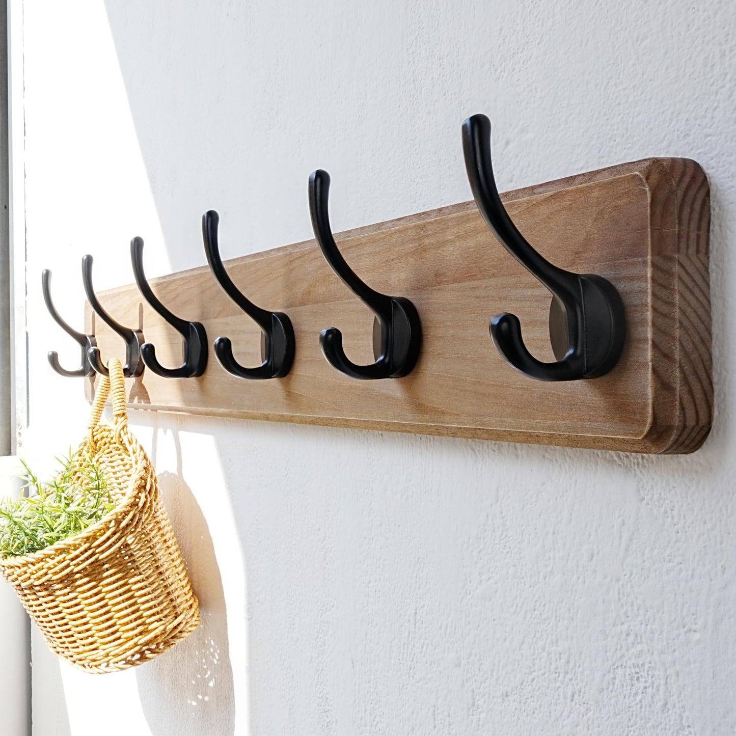 Dseap Coat Rack Wall Mount: 24" Long, Patented, Heavy-Duty, 6-Double-Hooks Wooden Hanger Hook Rail for Winter Coats Hat Jacket Clothing, Weathered Brown