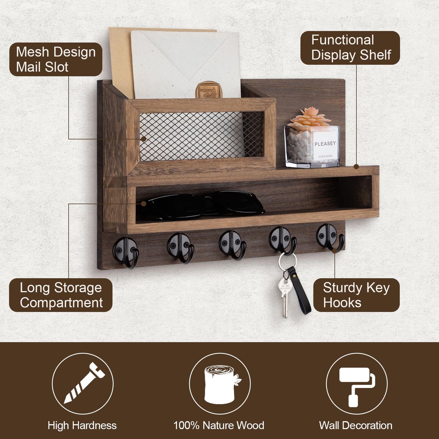 Lucundm Key Holder for Wall, Mail Organizer Wall Mount with Storage Compartment and 5 key Hooks for Coat, Dog Leash, Stylish Mesh Mail Holder, Home Decor Entry Way Organizer