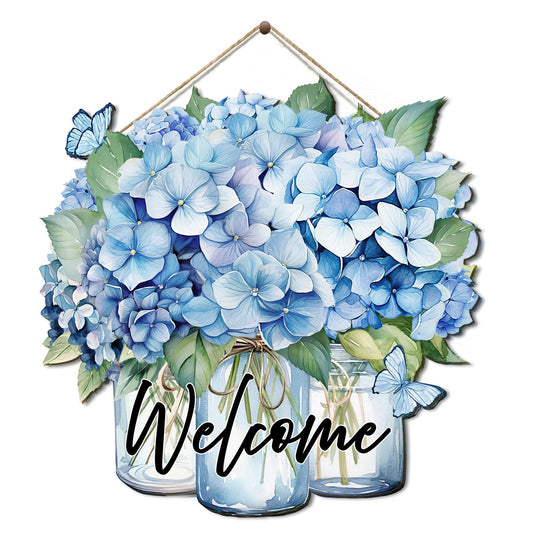 COLOR VALLEY ART Welcome Sign for Front Door, Wooden Hanging Decor Exterior Welcome Signs, Porch Decorations Indoor, Wreath Door Hanger, Fall Decorations for Home (Blue-11.4L''x11.4W'')