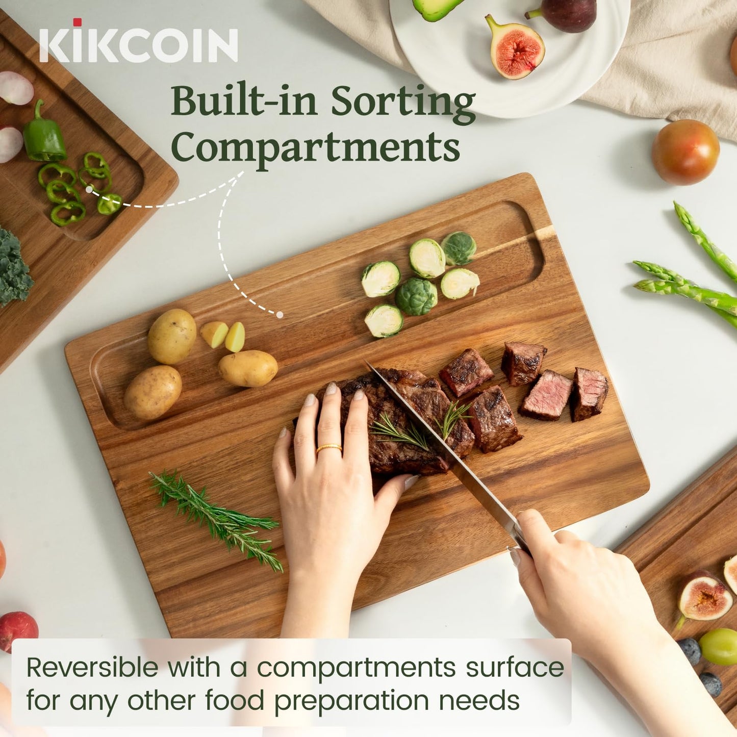 Kikcoin Acacia Wood Cutting Boards for Kitchen, 3 PCS Wooden Cutting Board Set with Holder, Chopping Board with Compartments and Juice Groove, Solid Charcuterie Boards Serving Tray Wood Butcher Block