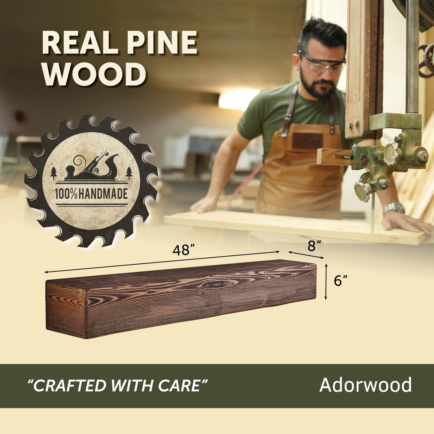 Adorwood Handmade Fireplace Mantel Shelf 48", Extra Wide Rustic Wood Mantles for Over Fireplace, Wall Mounted Floating Mantel Shelves for Living Room Decor (Light Walnut, 48Lx6Hx8D)