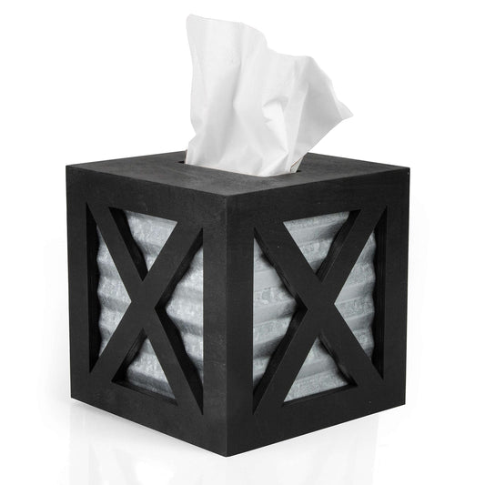 Crutello Wooden X Frame Tissue Box Cover with Galvanized Siding Backing- Rustic Farmhouse Black Wood Tissue Holder