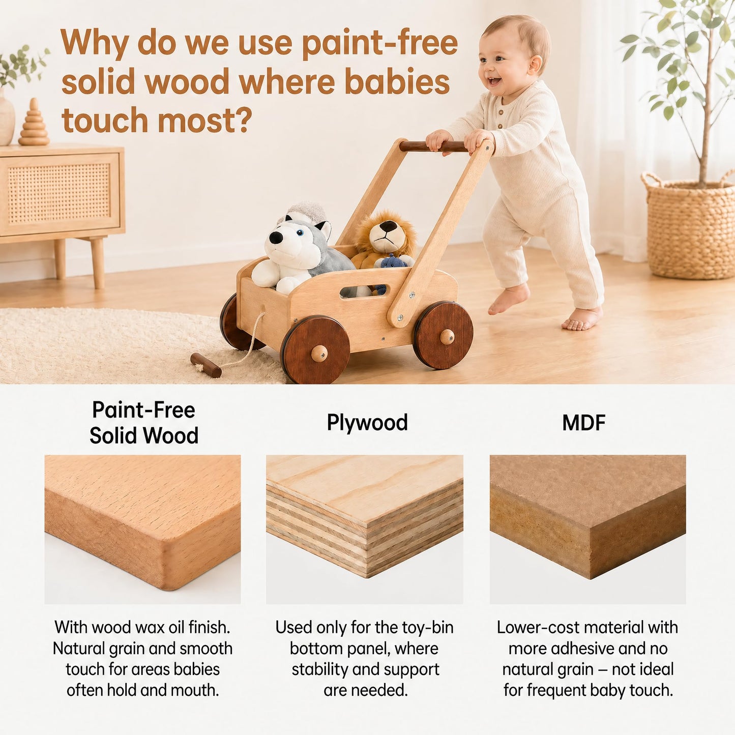 Woodtoe Wooden Baby Walker, Adjustable Speed Baby Push Walker, Montessori Push Toys for Babies Learning to Walk, Educational Walking Toys Gift for Toddler Boys Girls 1 2 3 Years Old