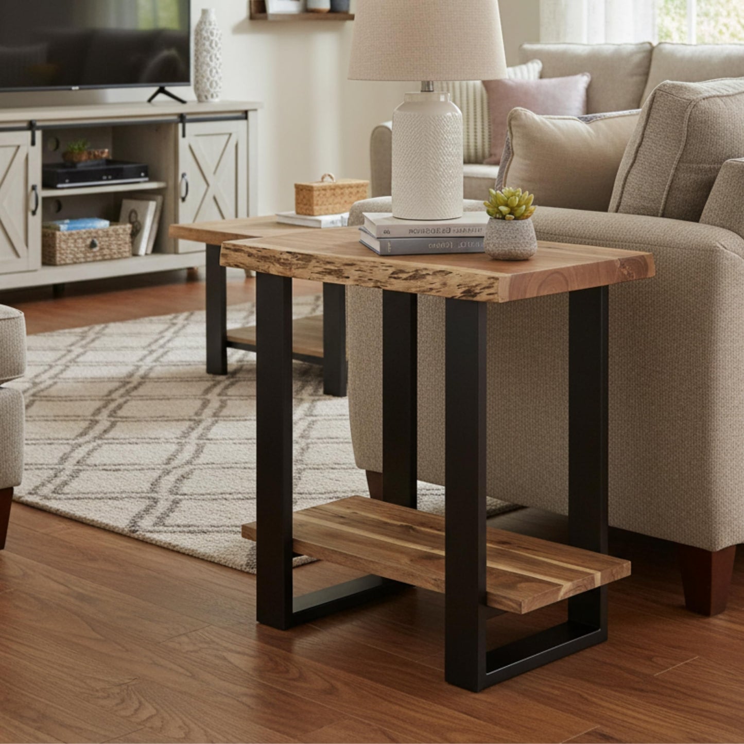 Alaterre Furniture Alpine Live Edge Modern End Table - 2-Tier Narrow Side Table with Open Storage Shelf - Solid Wood and Metal Modern Nightstands for Living Room or Bedroom (Natural)