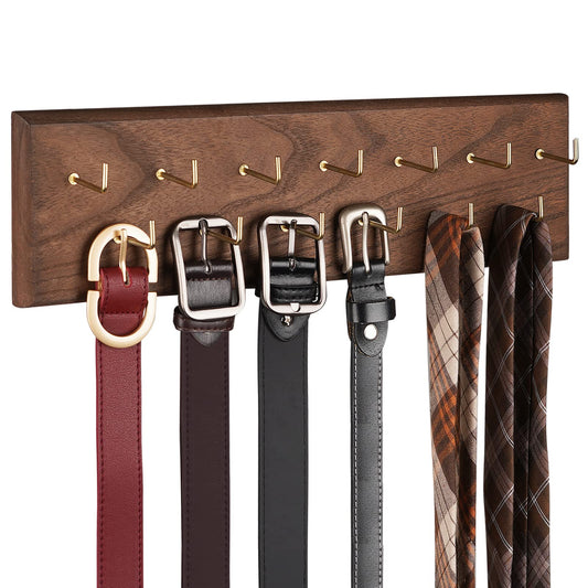Creproly Belt Organizer - Wall Mounted Hanger for Closet, Holds Over 28 Belts - Wooden Rack with Tie and Scarf Storage (Brown)