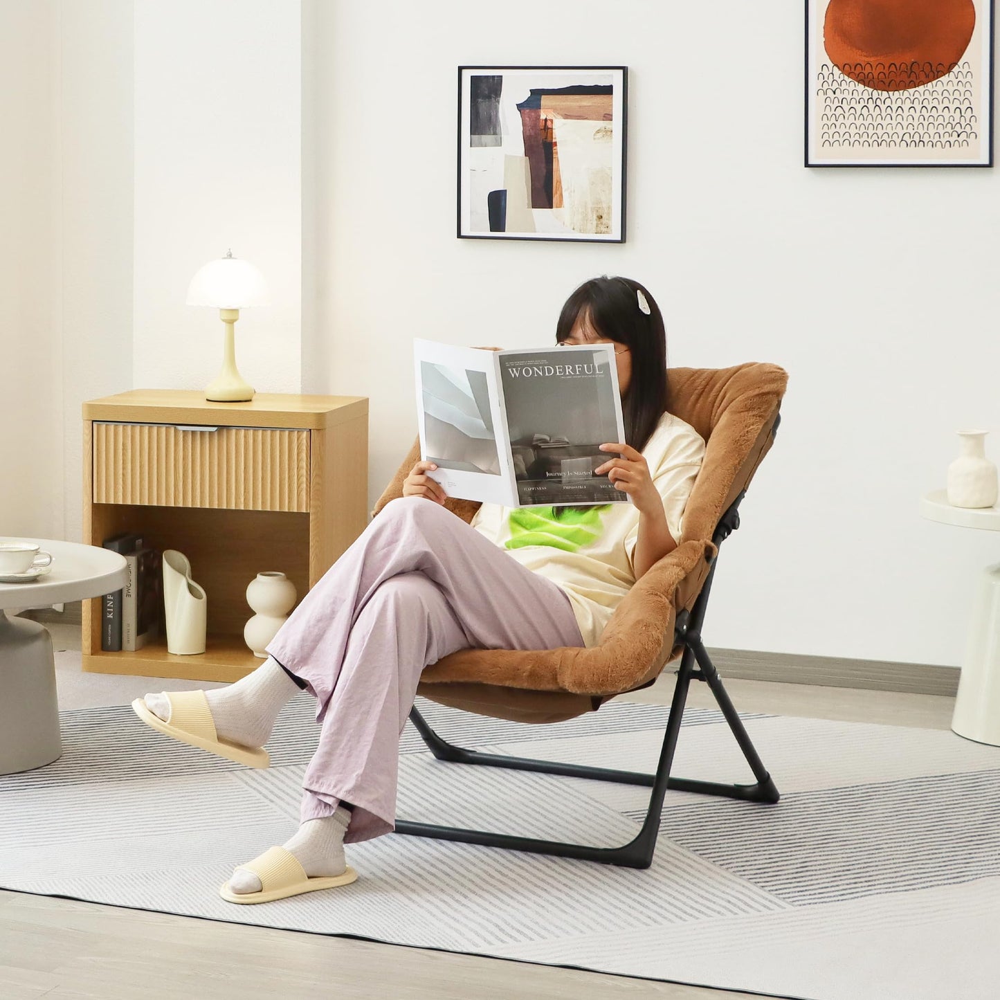 Mordchil HF Comfy Saucer Chair for Adults, Soft Faux Fur Bedroom Chair, Accent Dorm Chairs, Flexible Living Room Reading Chairs, Oversized Folding Seat for Teens, X-Large, Brown