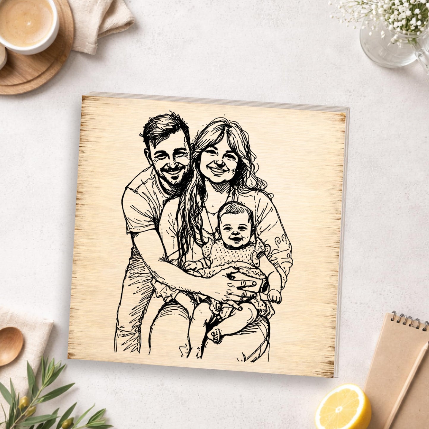 Personalized Sketch Photo Wooden Block Sign, Custom Hand Drawn Family Portrait from Photo, Meaningful Keepsake Shelf Sitter Home Decor Gift for Parents Grandparents