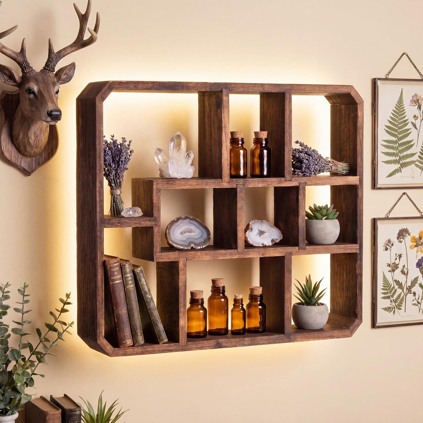 Pinkunn LED Rustic Shadow Box Display Shelf with Lights, 9 Compartments Wood Hanging Display Floating Shelves, Multi-Slot Wall Mounted or Freestanding Farmhouse Decor Displays Case for Collectibles