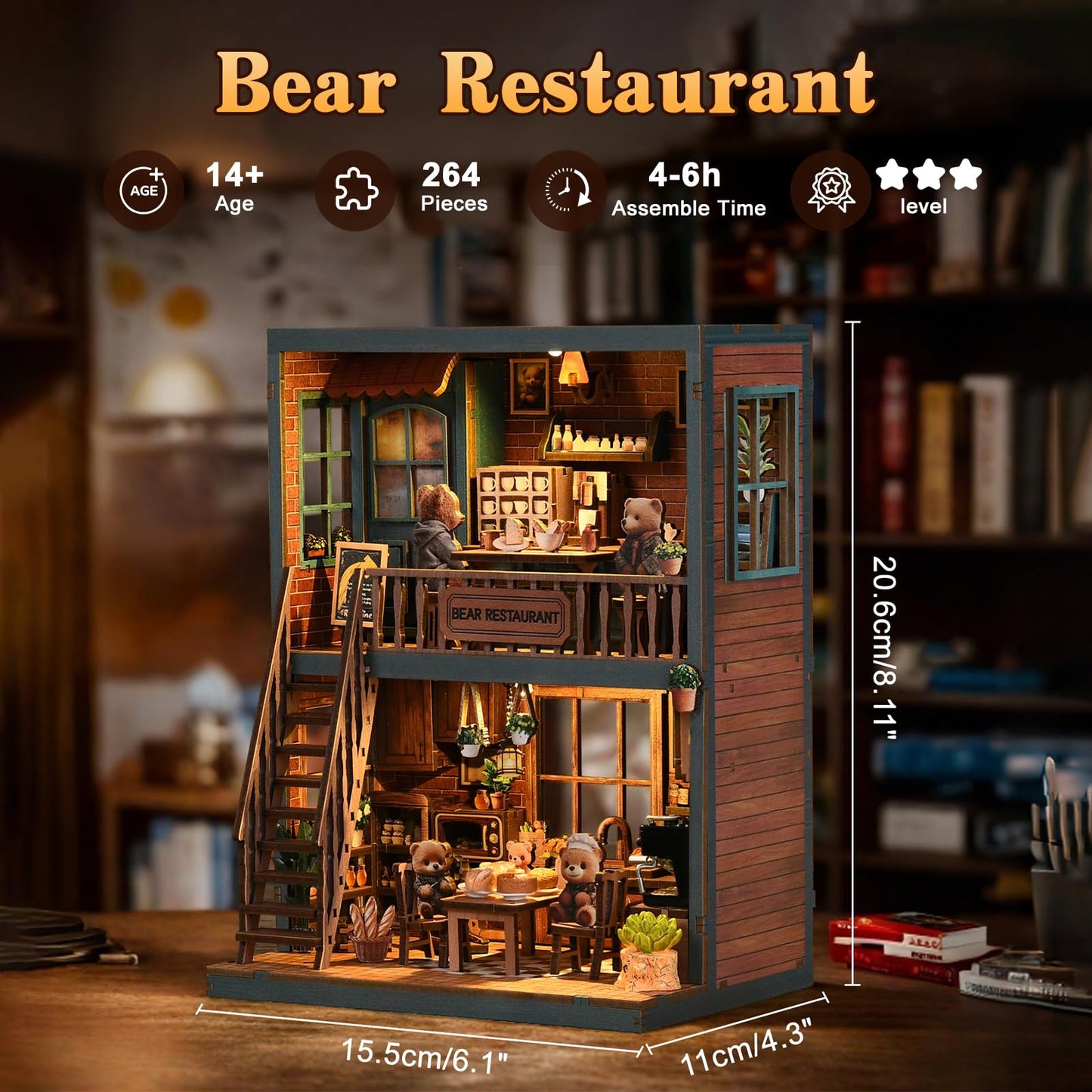 Hallisun DIY Miniature House Kit, Mini 3D Wooden Bear Restaurant Building Kit with Furniture and LED, Tiny Diorama Dollhouse Model Set, Handmade House Craft Birthday for Adults Teens