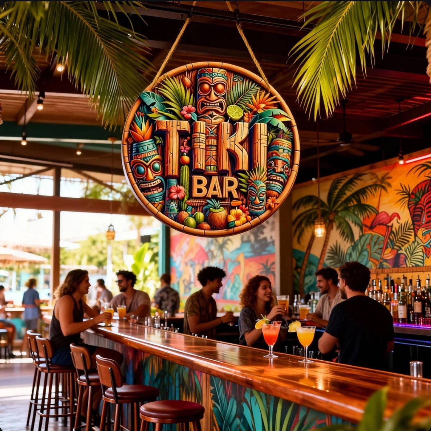 Tiki Bar Sign, Wooden Printed Tiki Decor Round Signs, Outdoor Signage with Tiki Statue (Style 1)