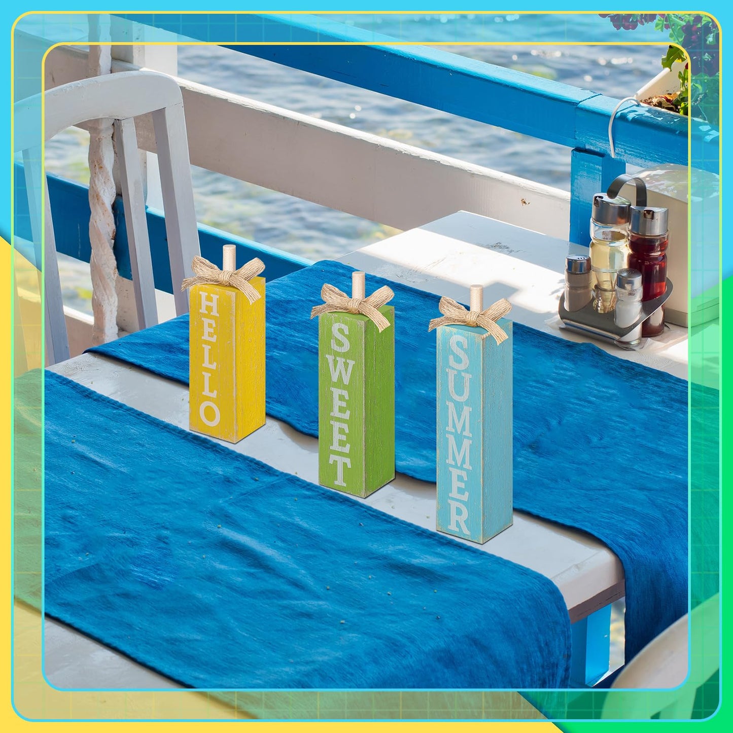 Seeloowy 3 Pcs Hello Sweet Summer Table Block Signs Rustic Farmhouse Wood Lemon Centerpiece Blue Yellow Green Hello Summer Decorations for Tiered Tray Decor Home Office Kitchen Mantel Shelf Indoor