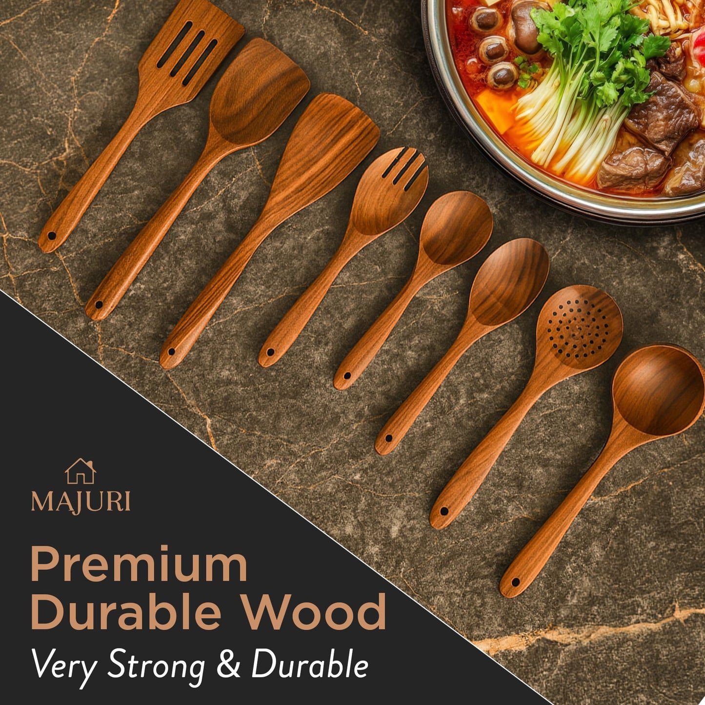 10-Piece Wooden Utensil Set with Holder, Spoon Rest & Hooks – Durable Non Toxic Cooking Utensils - Wooden Spoons for Cooking, Ideal Kitchen Utensil Set for Cooking Enthusiasts & House Warming