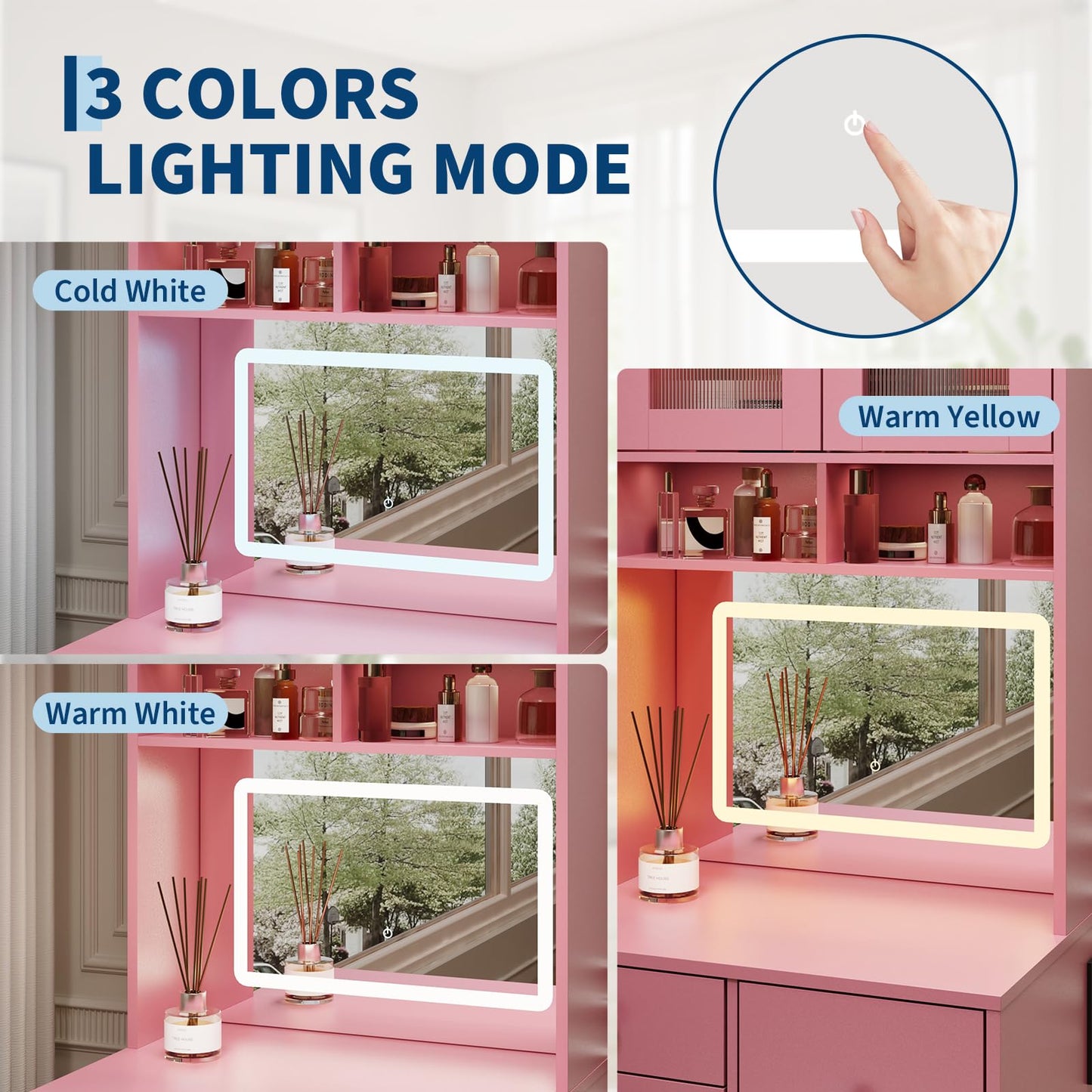 3 in 1 Vanity Desk with LED Light, Tall Makeup Vanity Set with 2 AC Outlets & USB-C, Dressing Table with Storage Drawers & Acrylic Doors, Nightstand Vanity Mirror, Jewelry Box, Cushioned Chair