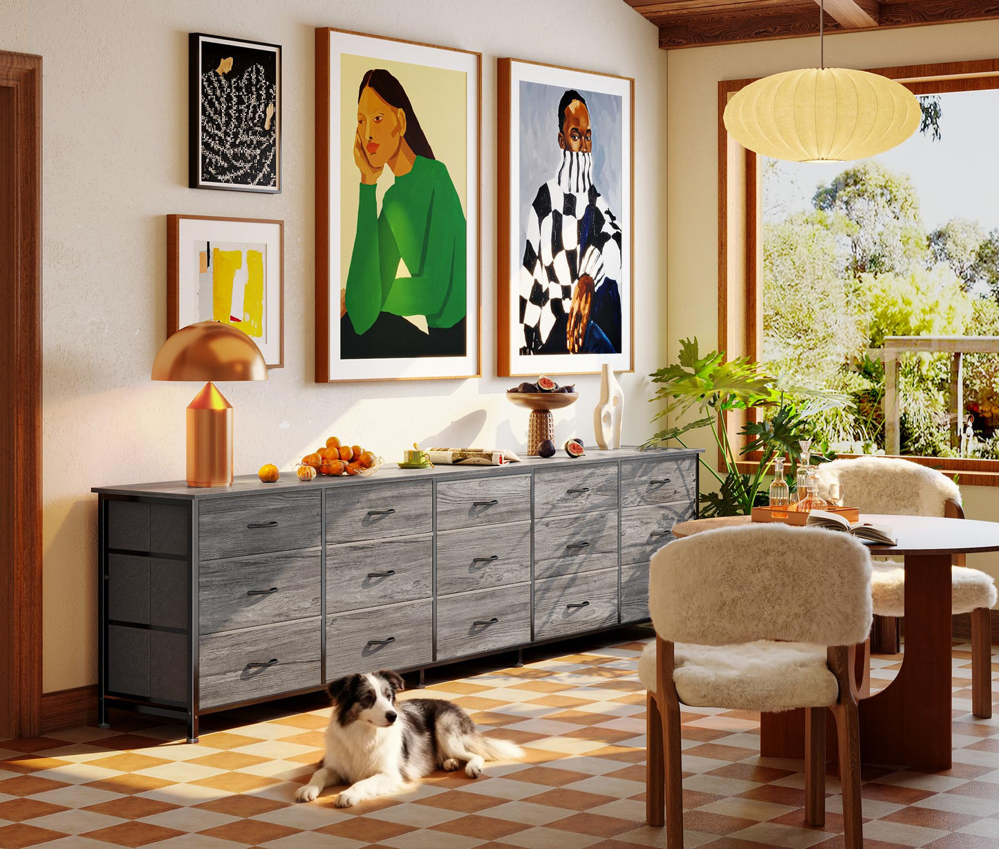 Huuger 86.6 Inch Dresser for Bedroom, TV Stand for 65, 75, 85 Inch TV, 15 Fabric Drawer Long Dresser, Large Entertainment Center for Bedroom, Wide Chest of Drawer with Storage, Grey