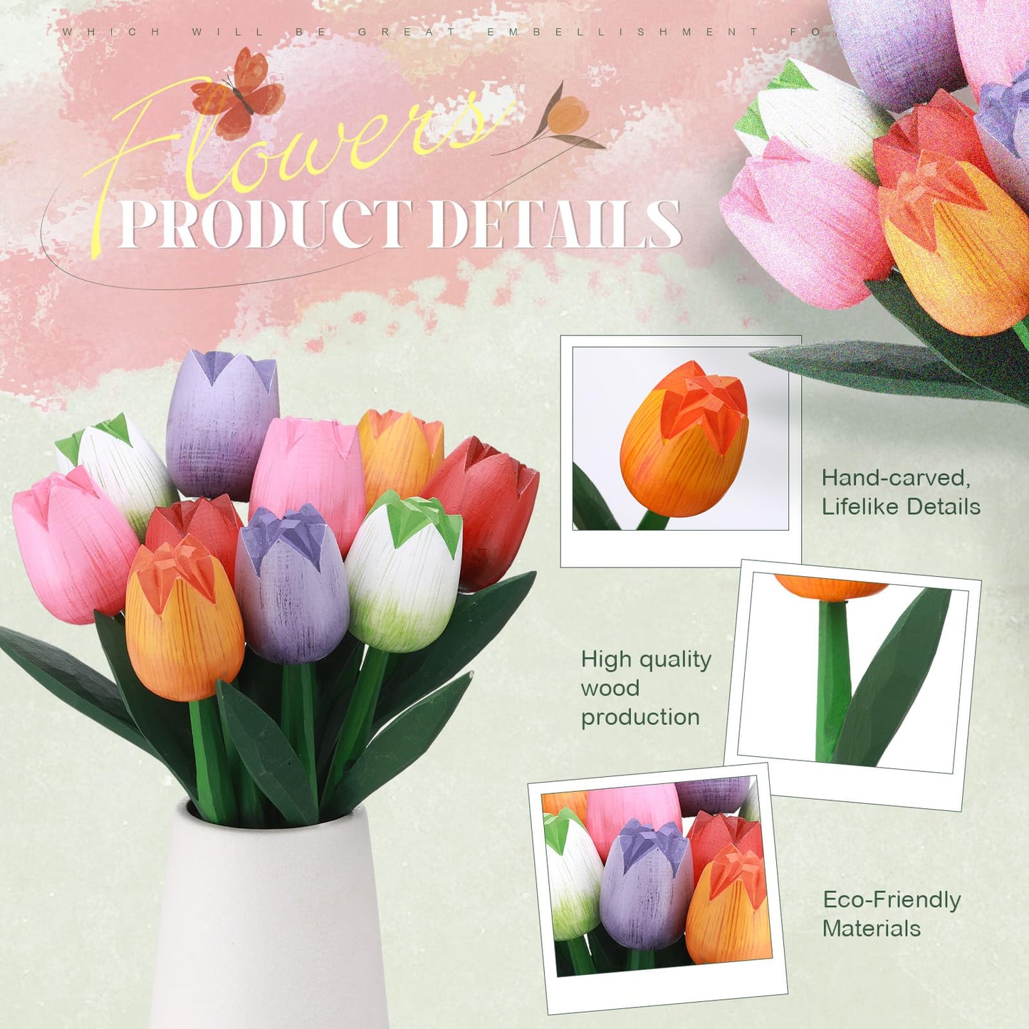 CroBlissful 10 Pcs 9 Inch Spring Wooden Tulip Flowers Gift for Graduation Spring Decorations for Home Wood Tulips Table Centerpieces for Vase Tabletop, April Showers Bring May Flowers Decor