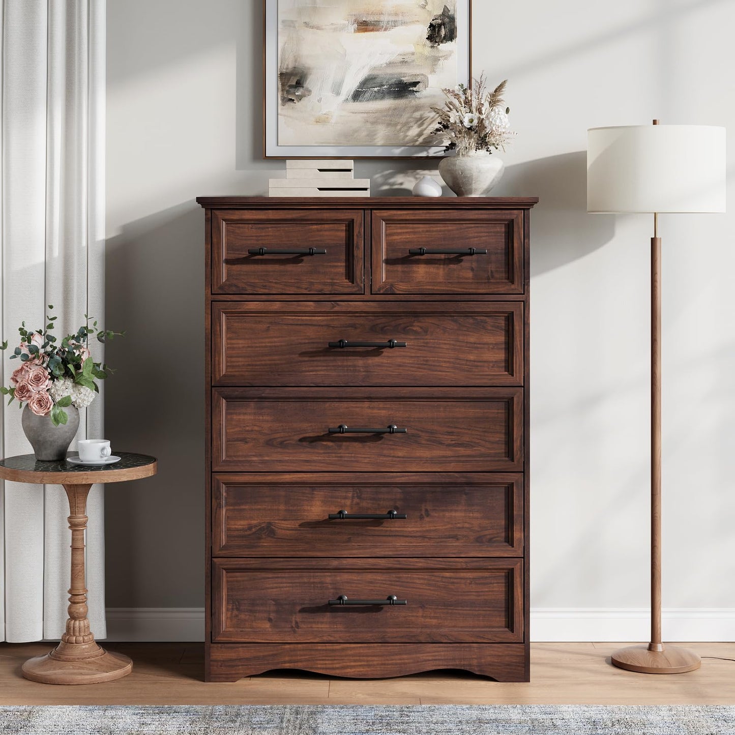 Walnut Farmhouse Dresser for Bedroom, Modern 6 Chest of Drawers, 44" Tall Chest of Drawers with Brushed Metal Handle, Wood Closet Organizers and Storage Cabinet for Bedroom, Living Room, Hallway