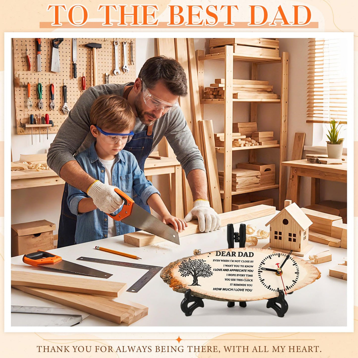 Kenning 3 Pcs Dad Gifts for Fathers Day from Daughter Son, Daddy Birthday Gifts Includes Wooden Clock, World's Best Dad Card and Black Gift Bag for Daddy Papa Fathers Day Present