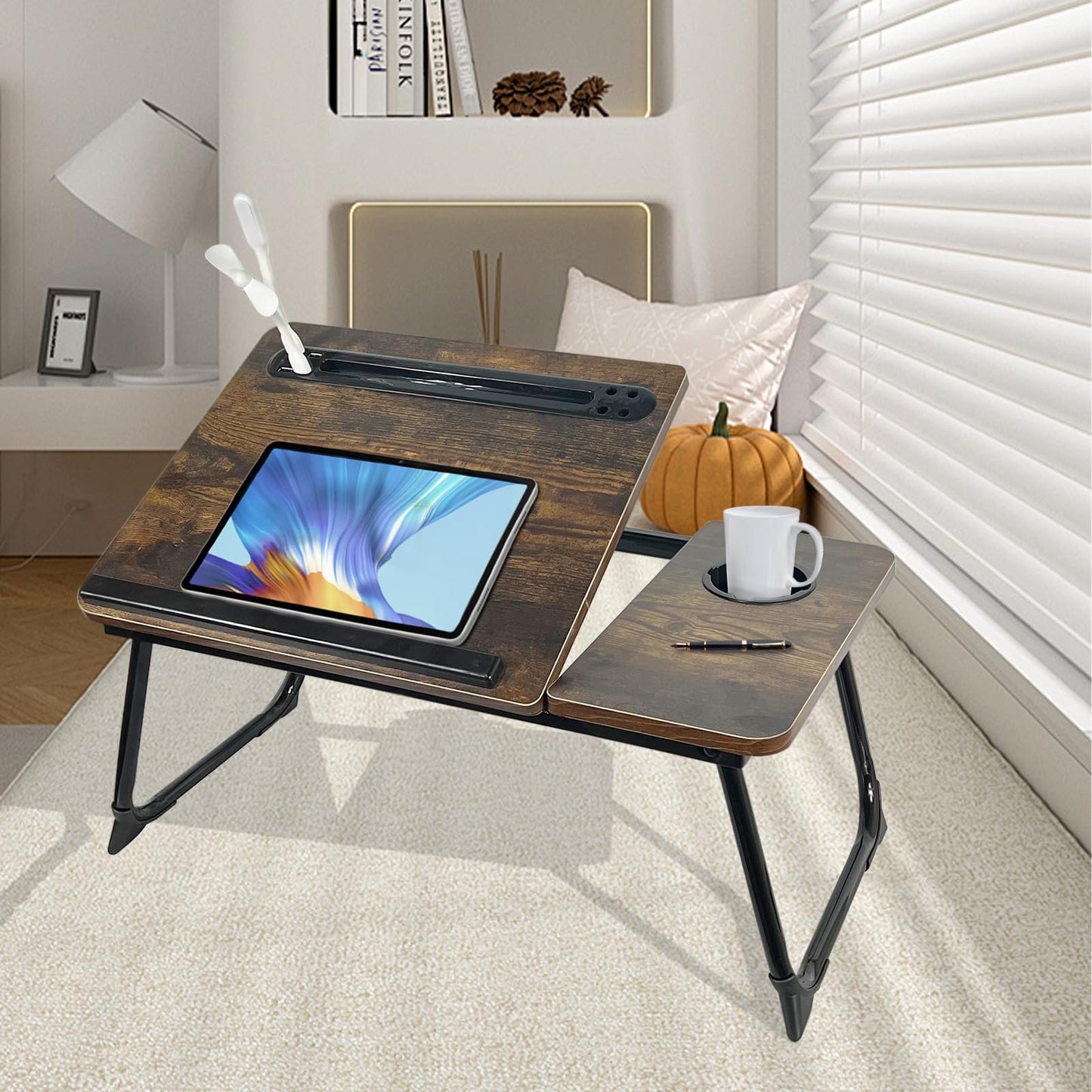 Laptop Desk for Bed, Laptops Bed Tray Desk with 5 Different Angles, Foldable Laptop Bed Table with USB Charge Port and Cup Holder for Writing Working (Rustic Brown)