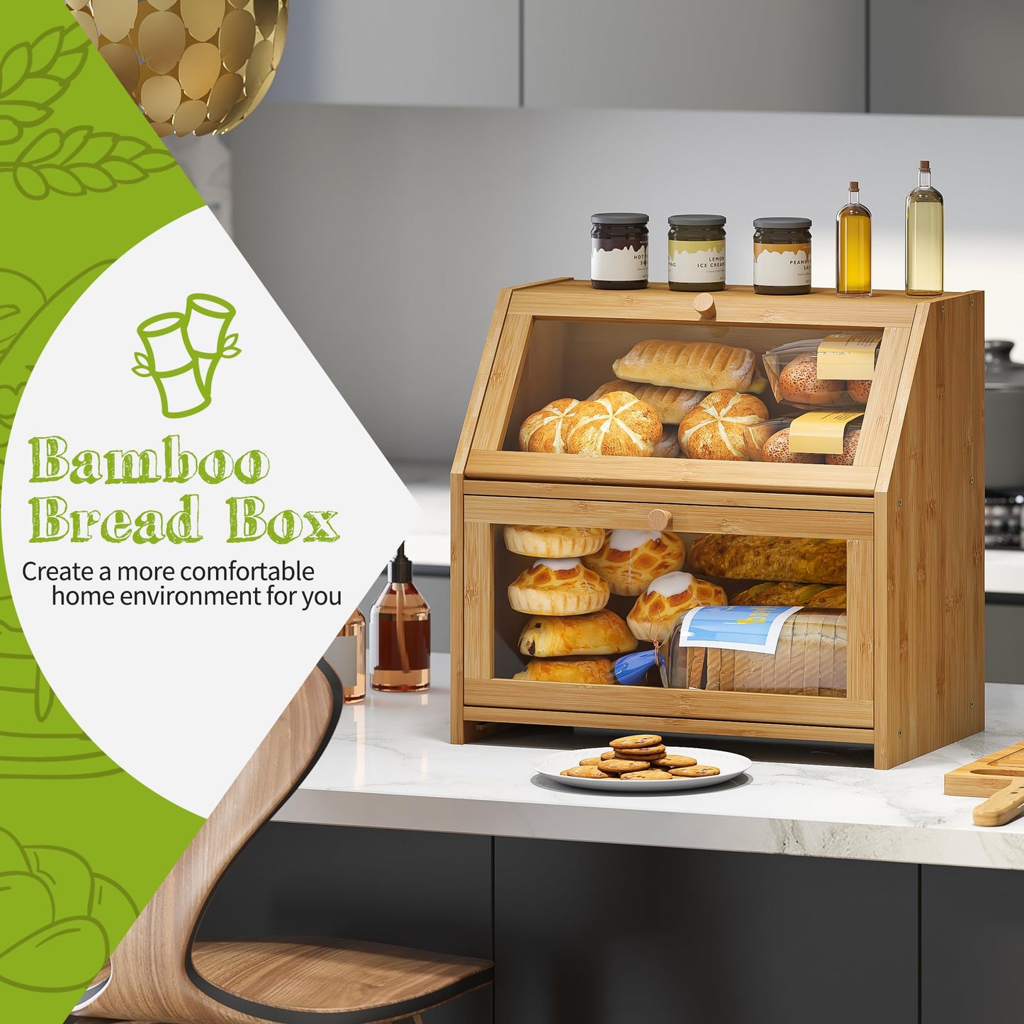 BMOSU Bread Box with Cutting Board Kitchen Bread Storage Organizer Farmhouse Countertop Double Bamboo Wood Bread Box(Natural)