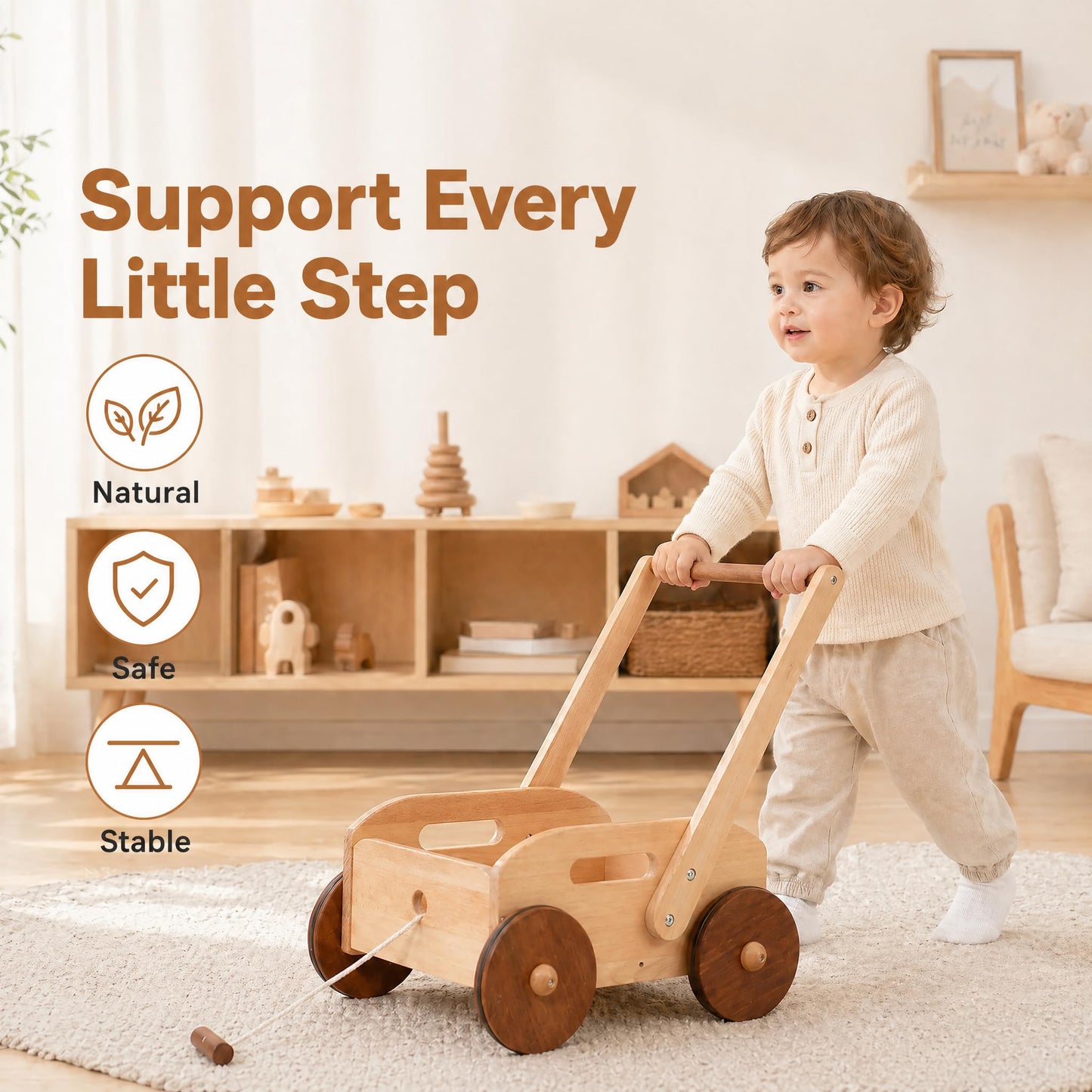 Woodtoe Wooden Baby Walker, Adjustable Speed Baby Push Walker, Montessori Push Toys for Babies Learning to Walk, Educational Walking Toys Gift for Toddler Boys Girls 1 2 3 Years Old