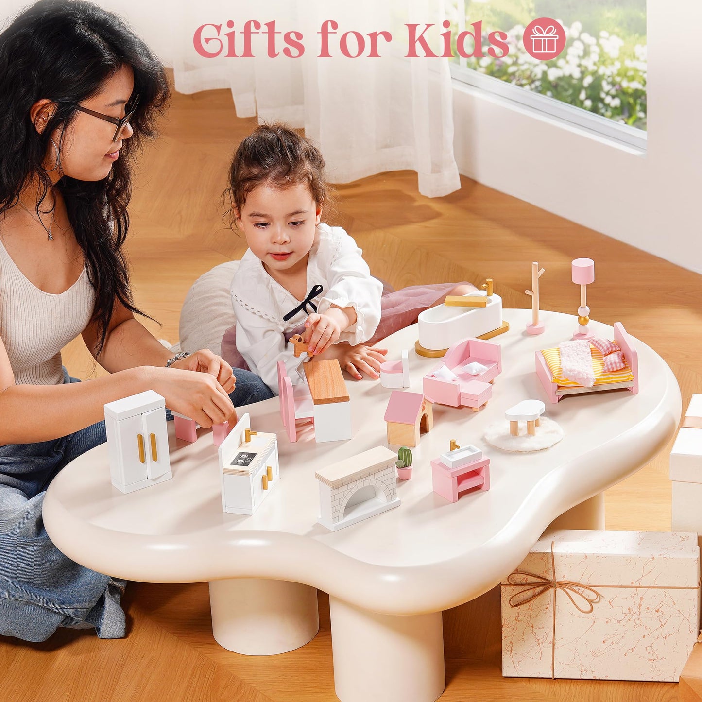 ROBOTIME Wooden Dollhouse Furniture Set, 28 PCS Miniature Dollhouse Furniture with 6 Room Kits, Dollhouse Accessories and Pretend Play Furniture, Gift for Boys and Girls Ages 3+