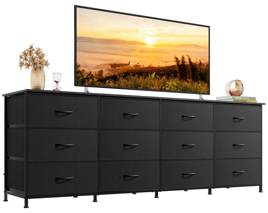 WLIVE 75.5'' Black Dresser for Bedroom, TV Stand for 85, 80, 75, 65 Inch TV, 12 Drawer Long Fabric Dresser with Wood Top, Wide Entertainment Center Storage Chest for Living Room, Closet