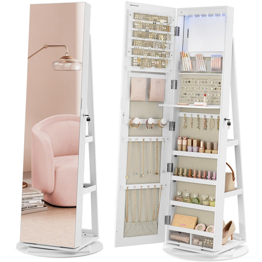 SONGMICS 6 LEDs Lockable Mirror Jewelry Cabinet, 360° Swivel Jewelry Organizer Armoire Standing, Frameless Full-Length Mirror, 3 Storage Shelves, White Surface, Greige Lining UJJC007W02V1