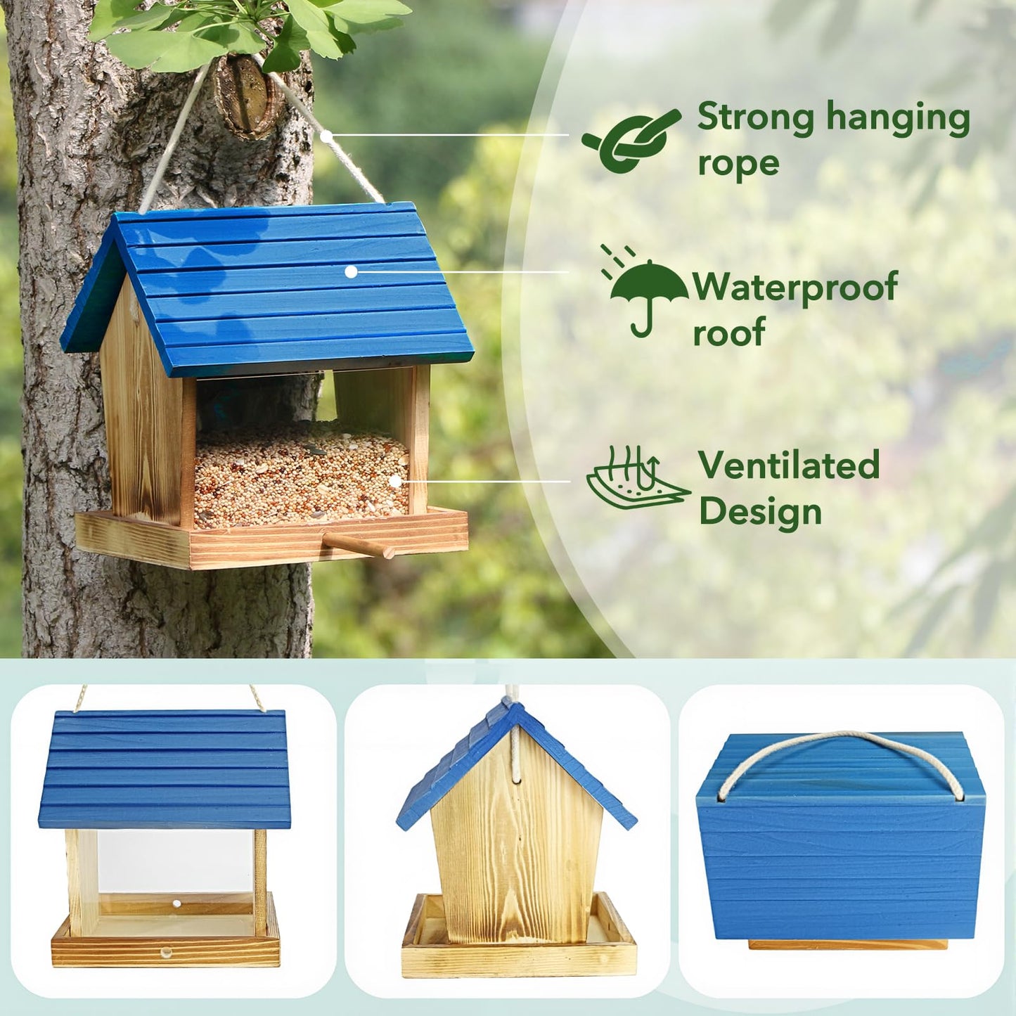 Cedar Wooden Bird Feeders for Outdoors Hanging– Large, Weatherproof Wild Bird House Feeder–Pre-Assembled, Hopper Design, Anti-Squirrel, Easy Fill for Cardinals, Bluebirds, Oriole & Finches