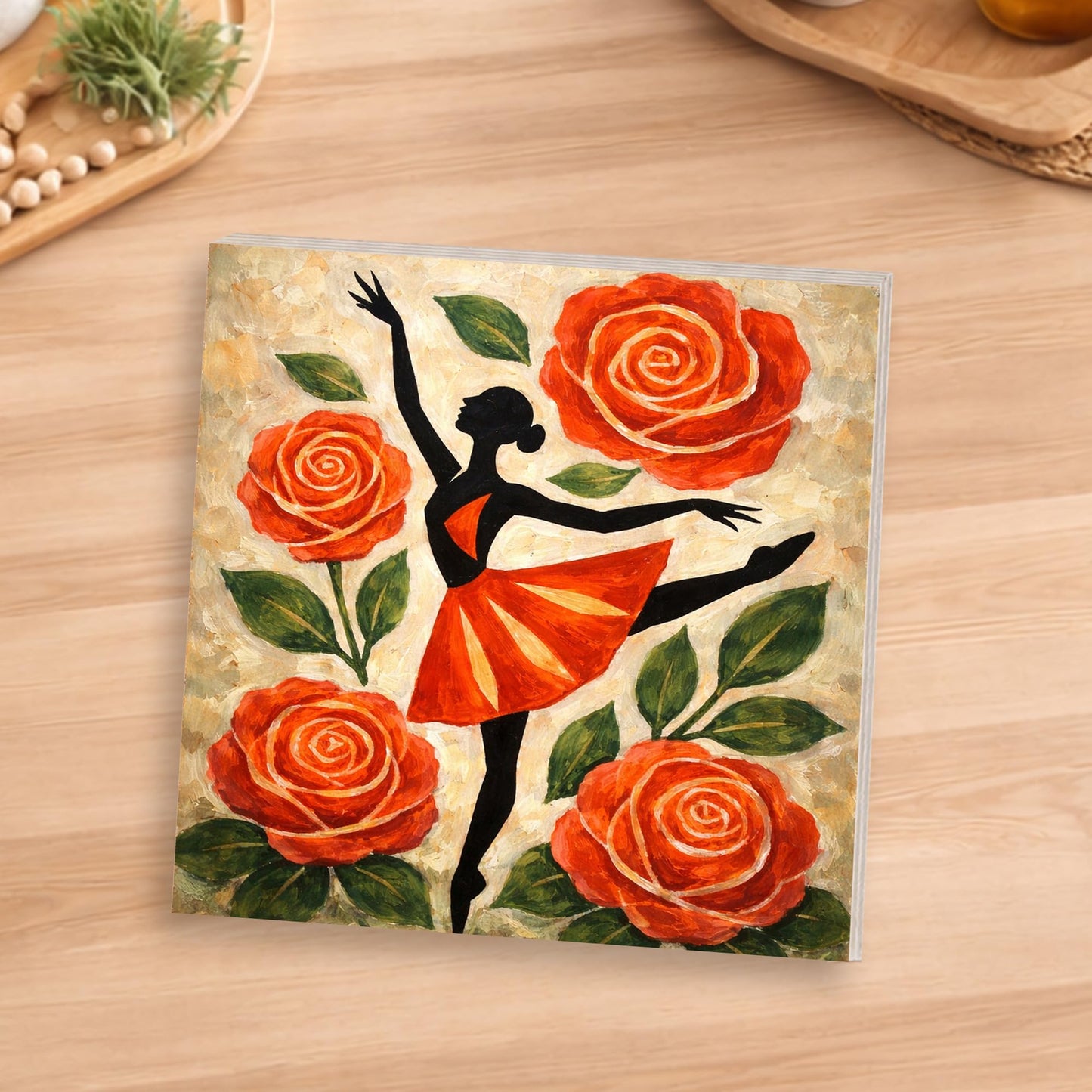 Dancer Floral Wooden Block Sign, Feminine Ballet Art Decor, Red Rose Dance Illustration Shelf Sitter, Elegant Home Table Mantel Tiered Tray Gift for Dance Lover
