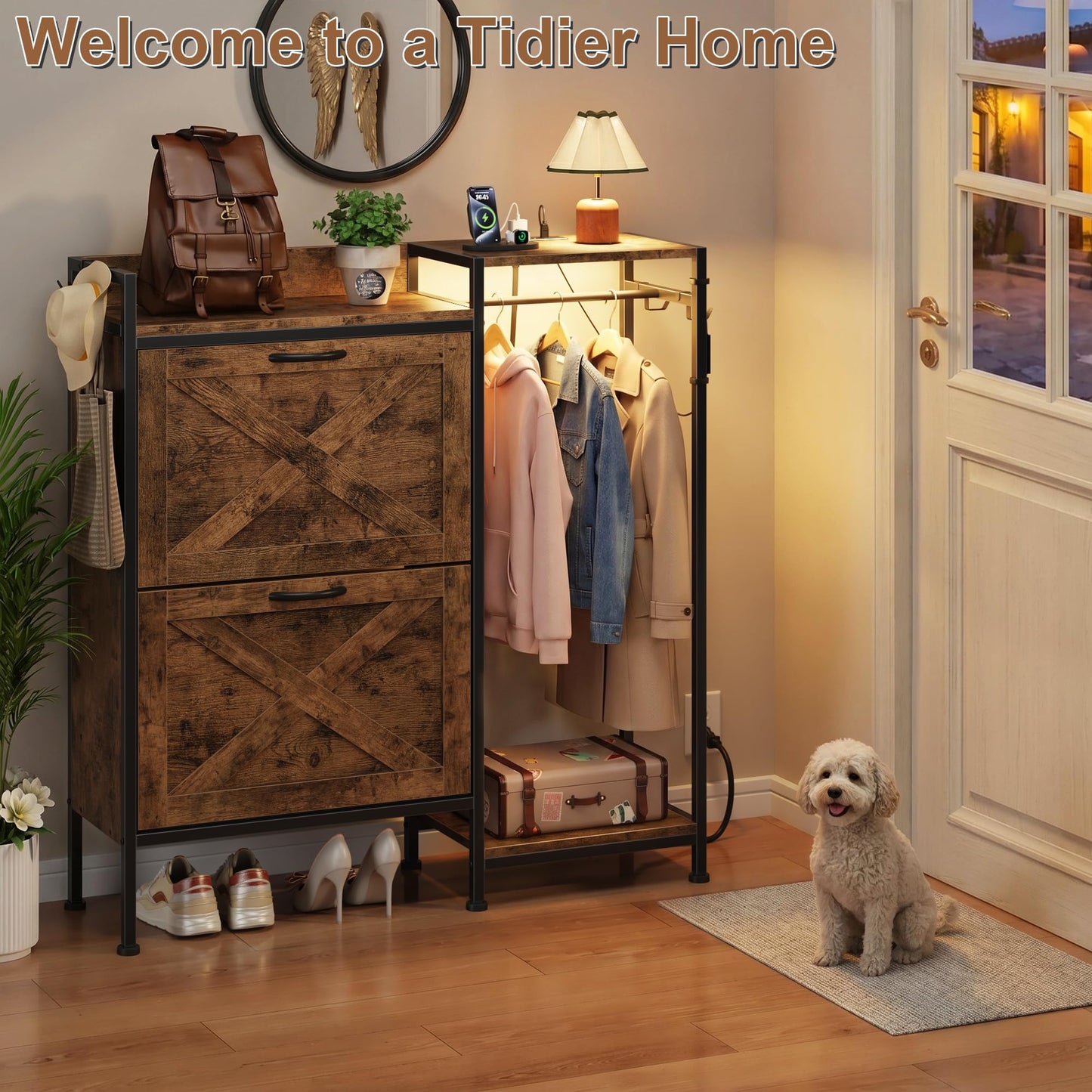 HIGDBFE Shoe Cabinet with 2 Flip Drawers and Hanging Rack, Narrow Entryway Organizer with Charging Station and LED Light, Freestanding Hidden Shoe Storage for Hallway, Rustic Brown, 41.3" W