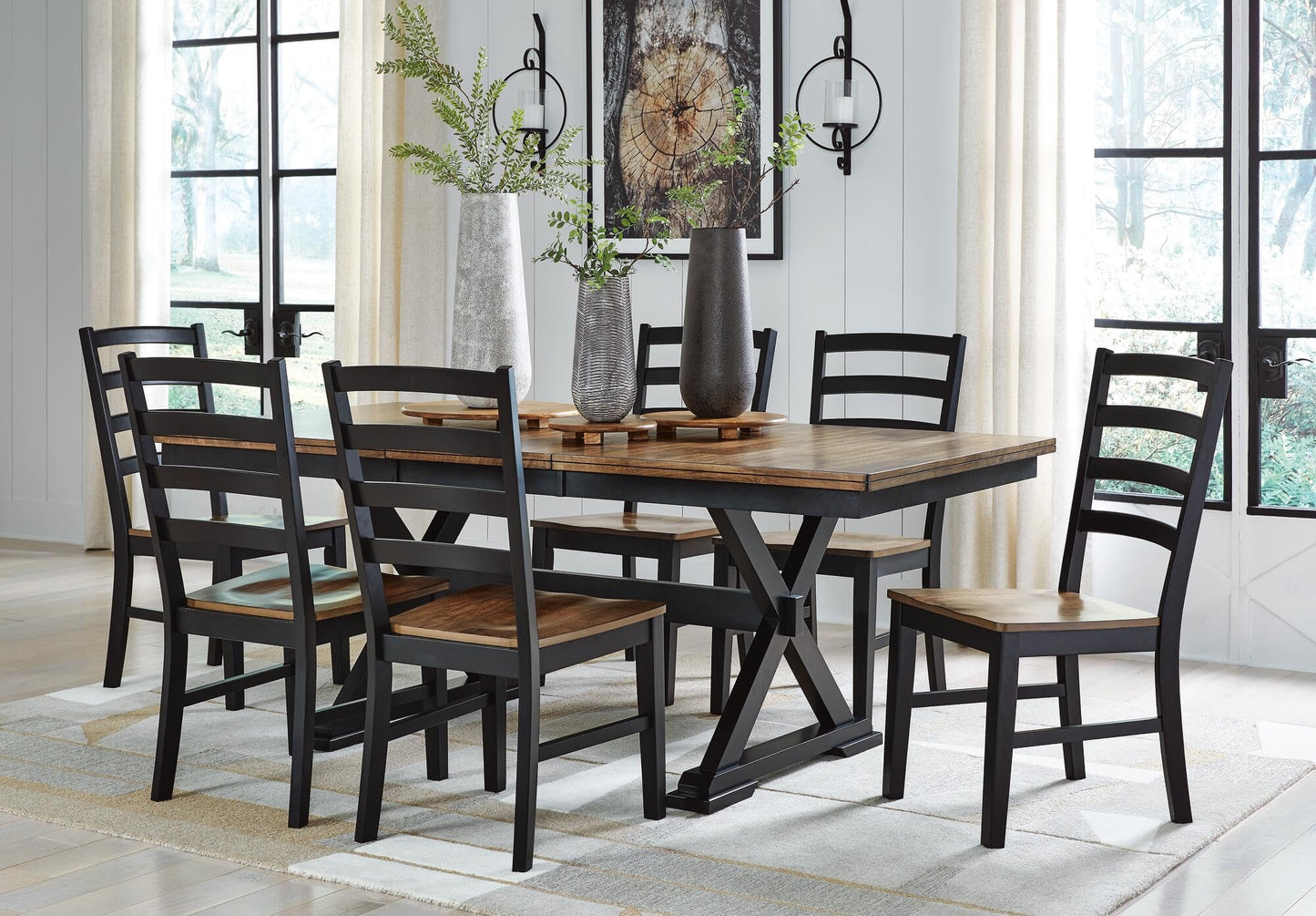Signature Design by Ashley Wildenauer Dining Chairs Set of 2, Modern Ladderback Dining Chairs with Solid Wood Frame, Two-Tone Finish, Contoured Seat, Black/Brown