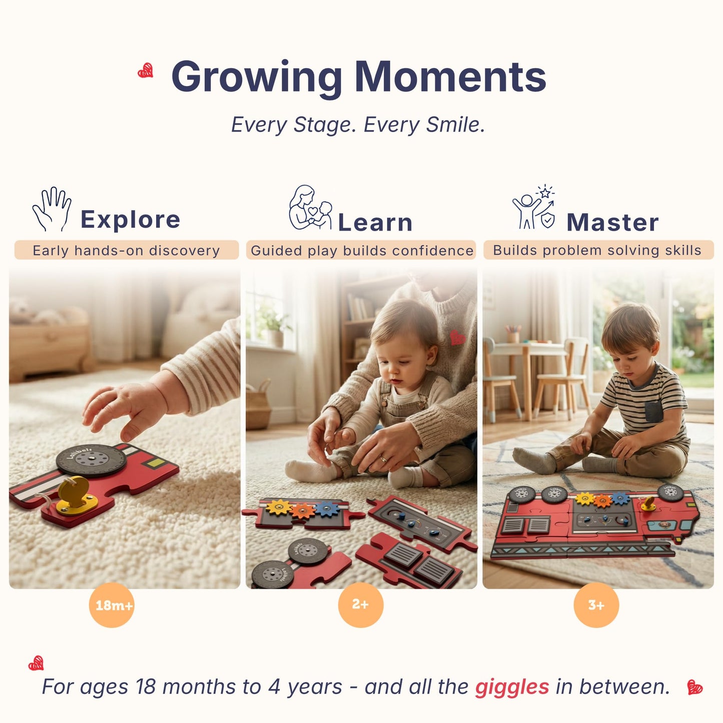 Lalibels Large Fire Truck Puzzle & Activity Toy for Toddlers 18 Months+, Montessori Fine Motor Learning Toy, Wooden Firetruck Birthday Gift for Boys Ages 1-3