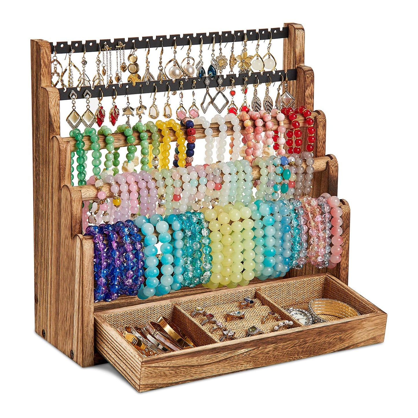 Pinzoveco Bracelet Holder, 3 Tier Rustic Bracelet Holder Display with 2 Tier Earring Organizer, 5 Tier Wooden Jewelry Display for Vendors, Home and Store