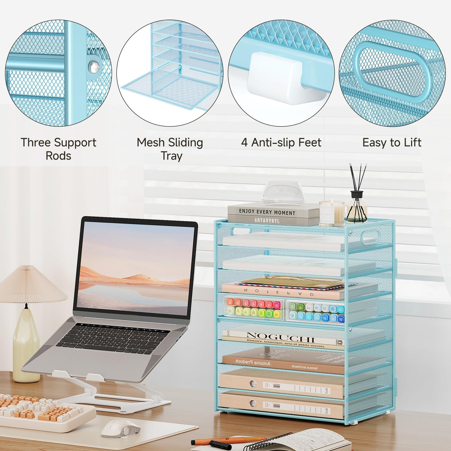 Subekyu 9 Tier Paper Letter File Tray Organizer for Desk, Large Mesh Desk Folder Sorter Organizer with Handle, Include 6 Pcs Adjustable Height Slid Tray for Office Home School Supplies Storage, Blue