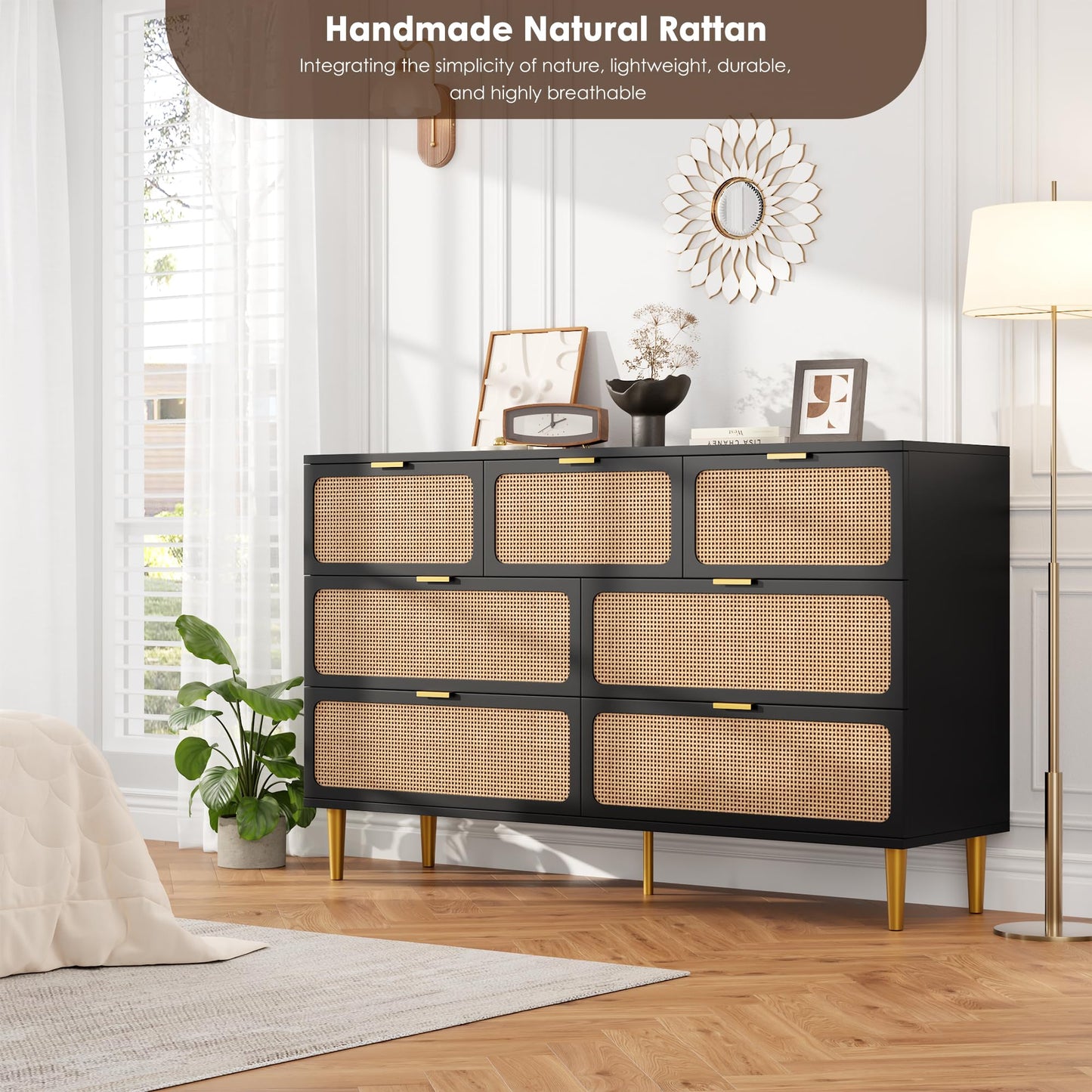 GarveeHome Rattan 7 Drawer Dressers for Bedroom, Tall Dresser with Deep Drawers, Large Chest of Drawers for Closet with Wide Top, Long Wooden Dresser for Living Room, Hallway, Kids Room, Black