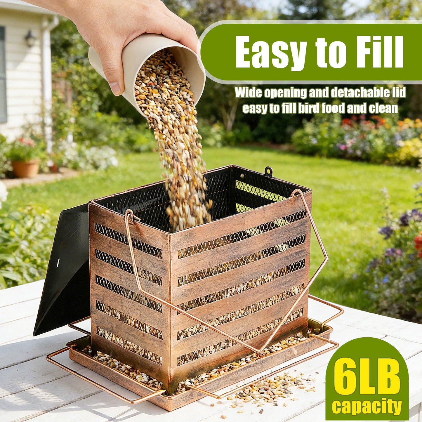 IWNTWY Bird Feeder, 6 LB Extra Large Capacity Metal Bird Feeders for Outdoor Hanging, Heavy Duty Wild Birdfeeder with 4 Perches, Sturdy & Easy to Refill