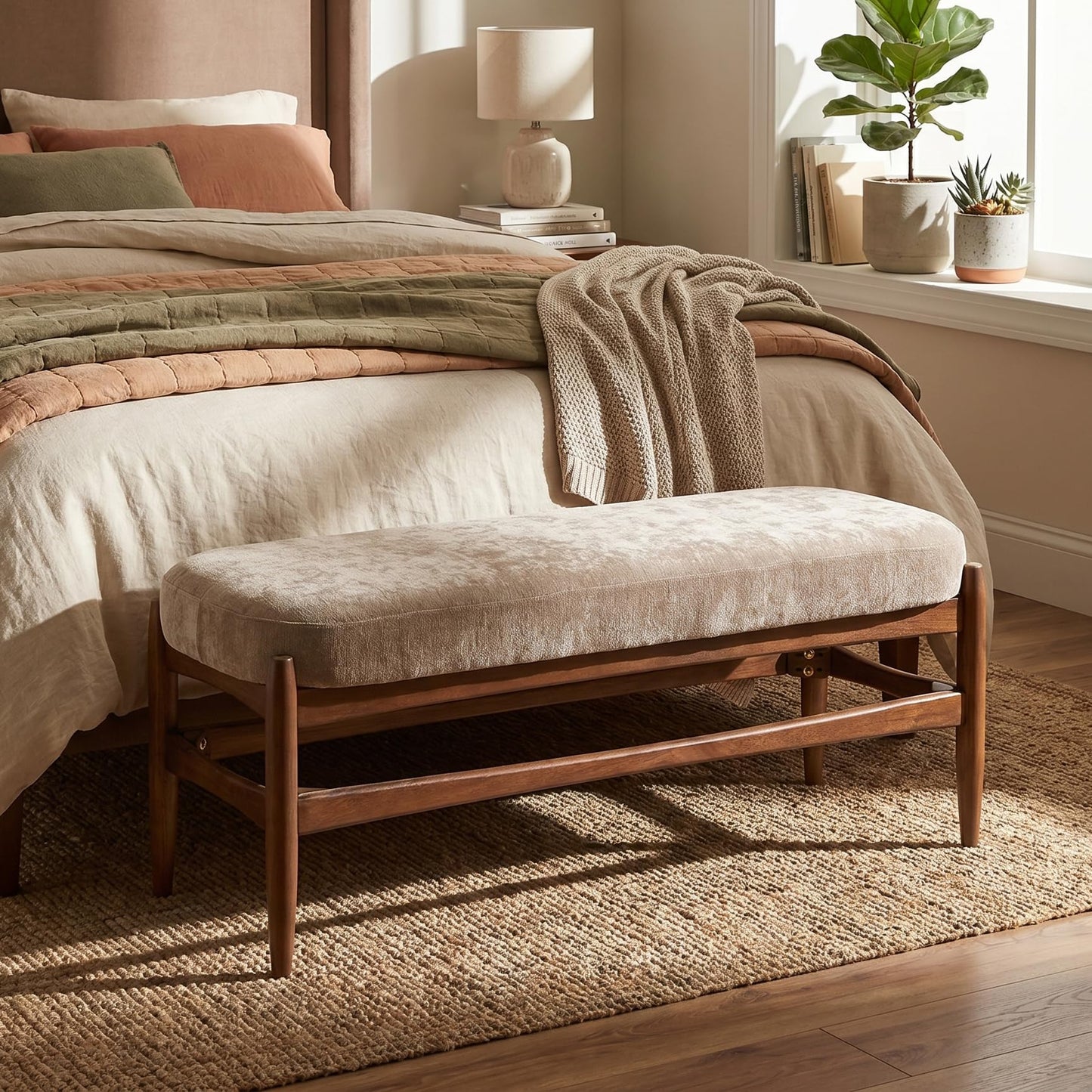 Christopher Knight Home Rubab 53.35" Chenille Fabric Upholstered End of Bed Ottoman Foot Rest, Wooden Ottoman Bench, Long Entryway Bench, Bedroom End of Bed Foot Stools, Light Brown + Walnut