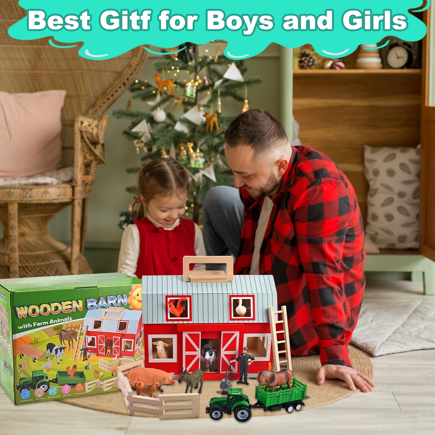 WoodTrove Wooden Barn Toys, Play Barn with 12 Animal Play Figures for 3+ Years Old, Toy Barn and Farm Animals，Wooden Barn Playset for Christmas Birthday Gift for Boys Girls