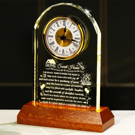 Arikyrist House Warming Gifts Glass Clock with Wooden LED Light Base for Women Men Unique New Home Gift Ideas Crystal House Warming Gifts for Couples Family Home Blessing Keepsakes Tabletop Decor